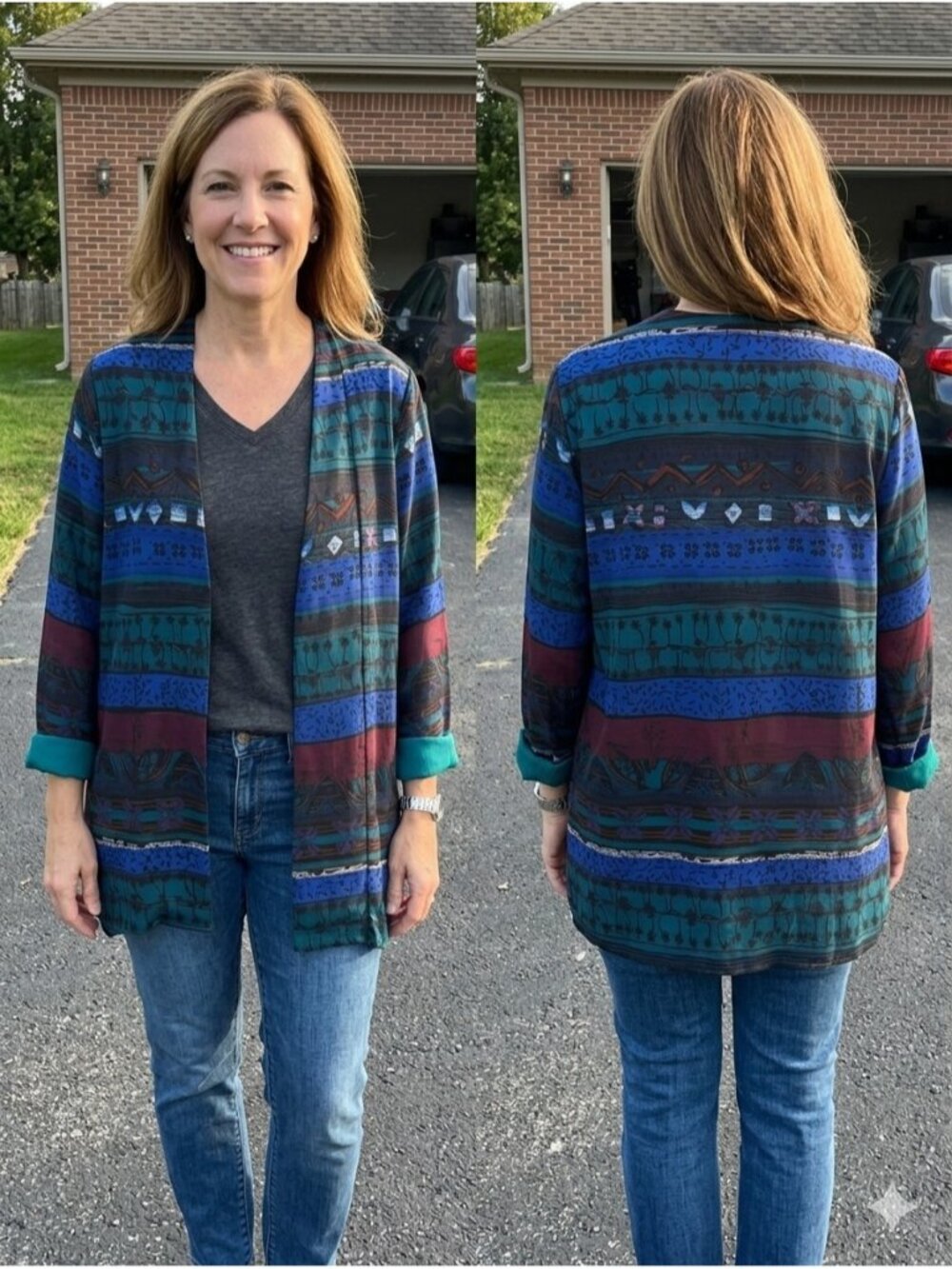 Vintage Leslie Belle Petite Abstract Geometric Open Front Blouse Blazer 80s